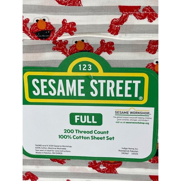 Sesame Street Full Size 4-Piece 200 Thread Ct.100% Cotton Sheet Set W/Elmo Print - Picture 2 of 5